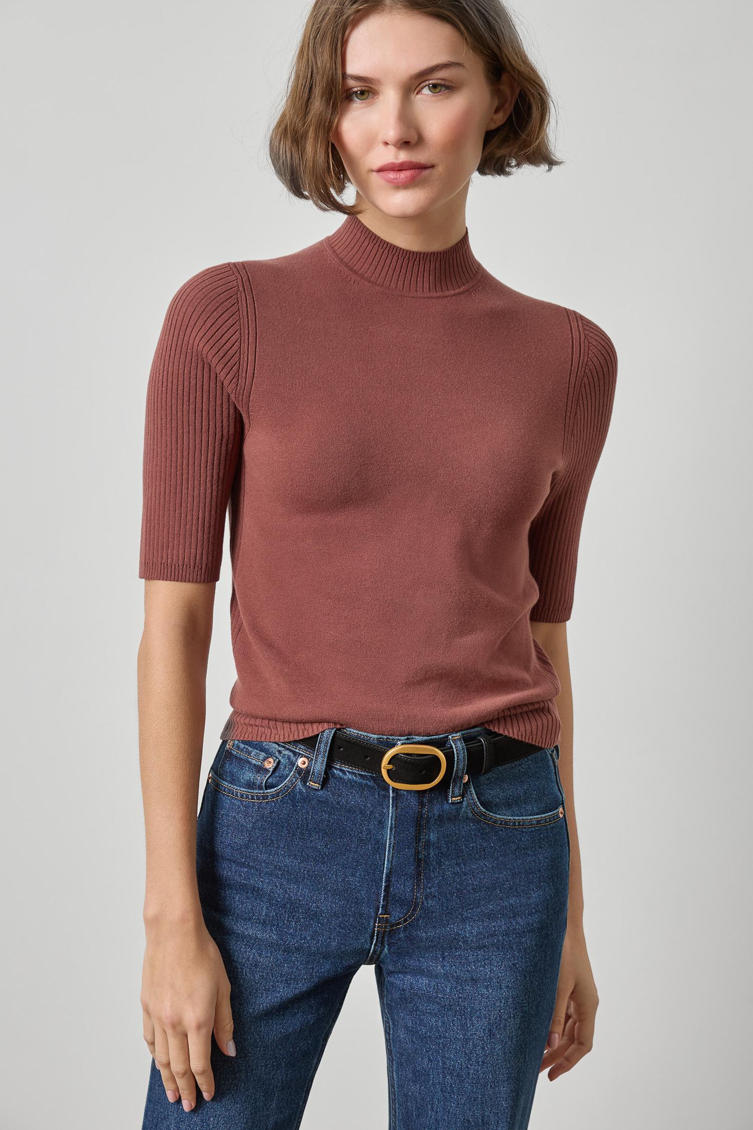 Mock Neck Short Sleeve Sweater Womens Sweater Chestnut A1