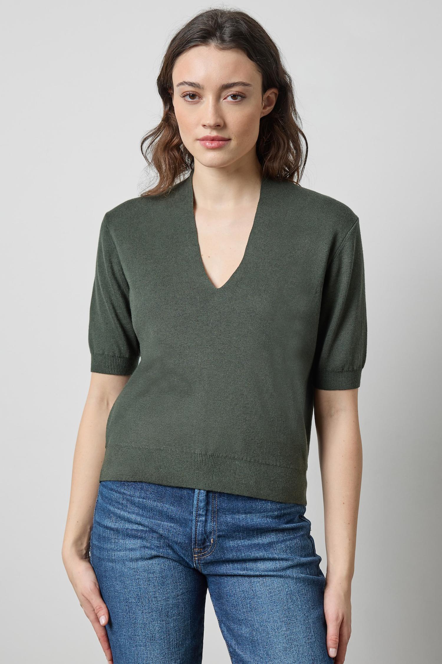 V-Neck Elbow Sleeve Sweater Womens Sweater Balsam A1