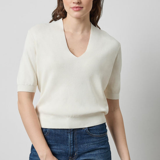 V-Neck Elbow Sleeve Sweater Womens Sweater Ivory A1