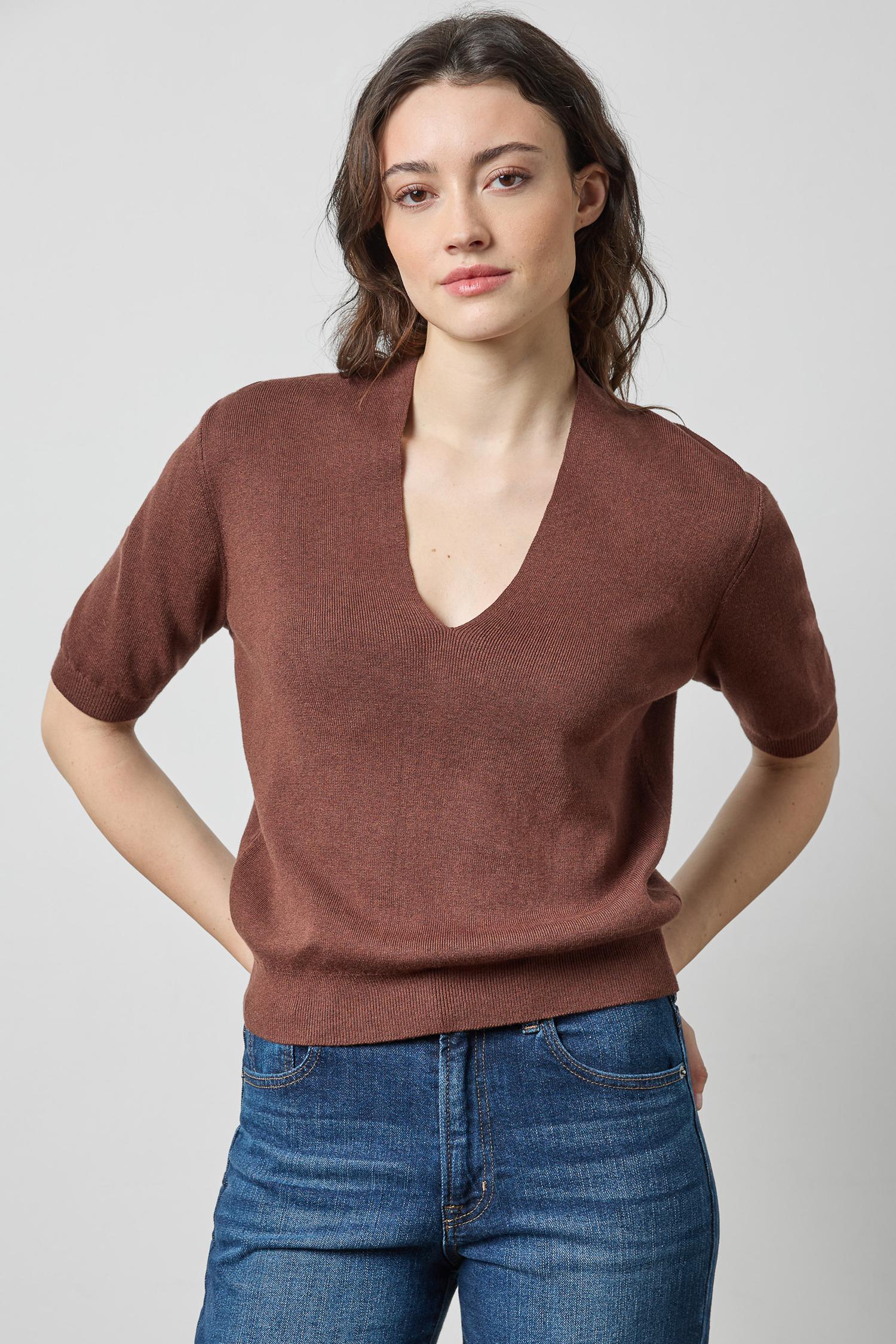 V-Neck Elbow Sleeve Sweater Womens Sweater Java A1