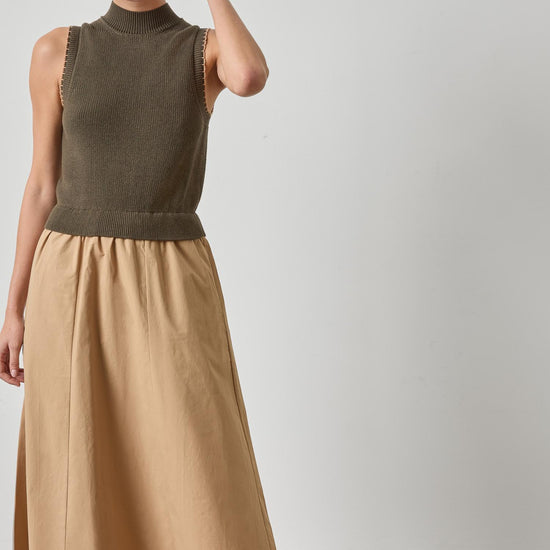 Mixed Media Mock Neck Dress Womens Dress Olive A1