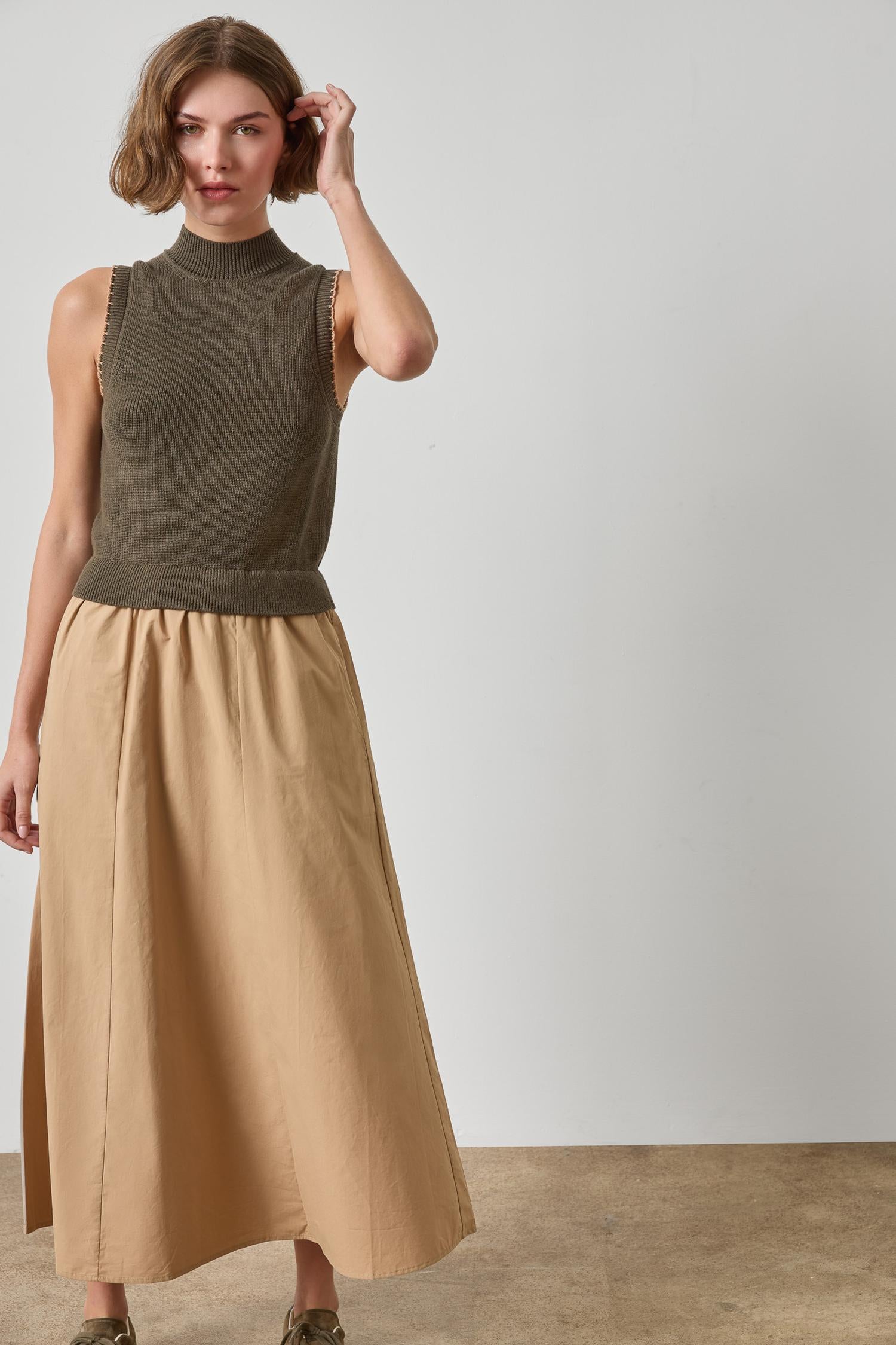 Mixed Media Mock Neck Dress Womens Dress Olive A1