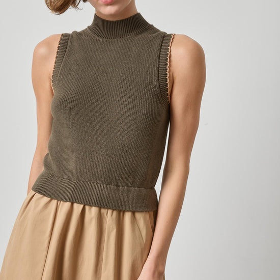 Mixed Media Mock Neck Dress Womens Dress Olive A3