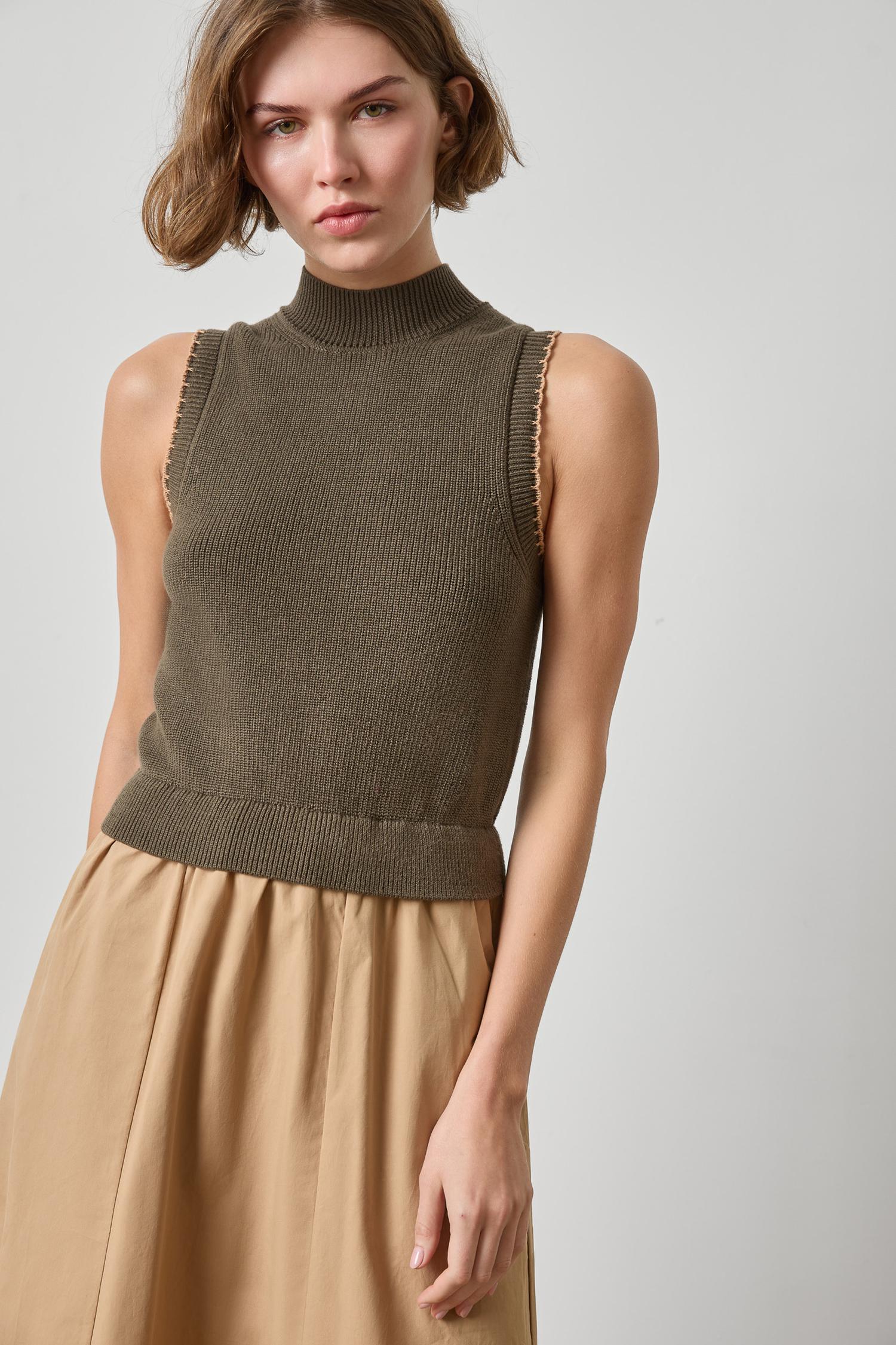 Mixed Media Mock Neck Dress Womens Dress Olive A3