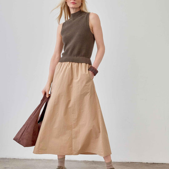 Mixed Media Mock Neck Dress Womens Dress Olive C1