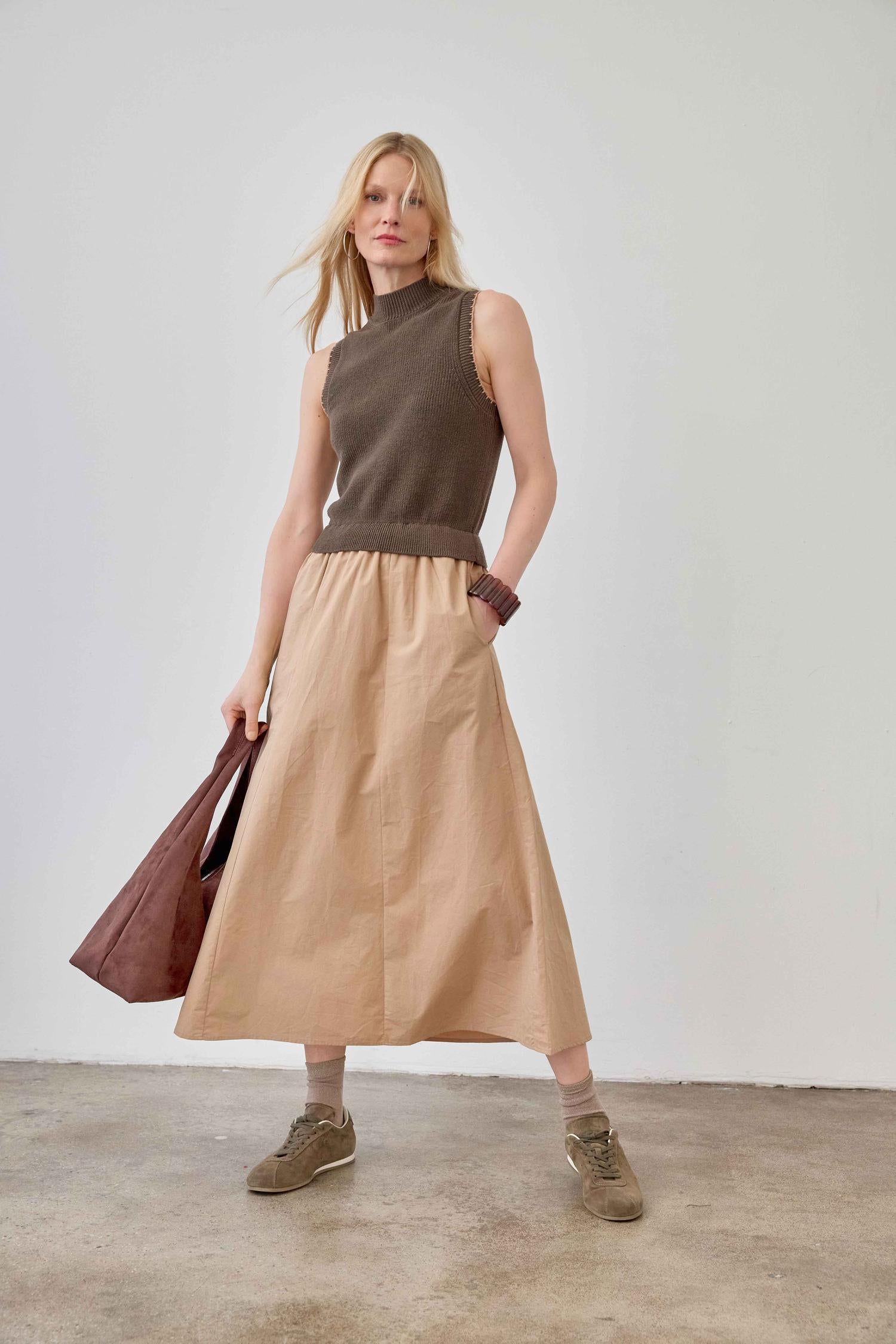 Mixed Media Mock Neck Dress Womens Dress Olive C1