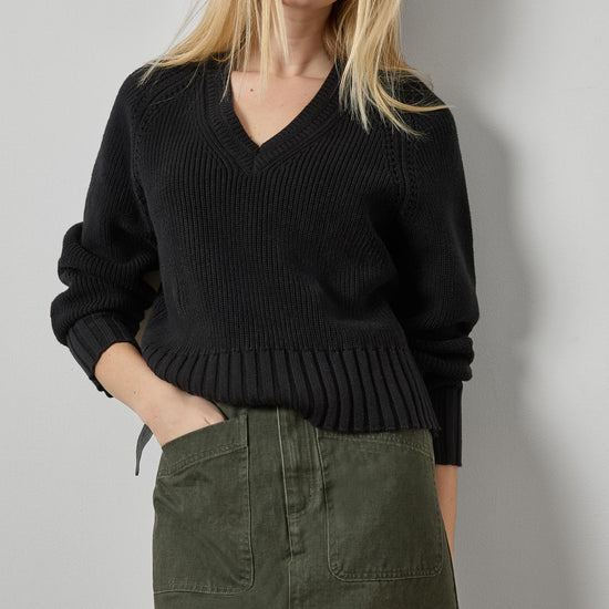 Textured V-Neck Saddle Sweater Womens Sweater Black A1