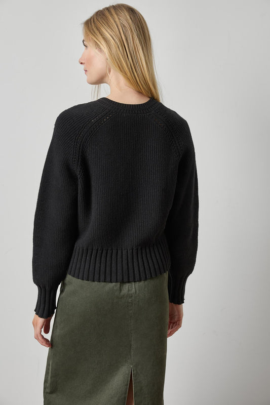 Textured V-Neck Saddle Sweater Womens Sweater Black A2