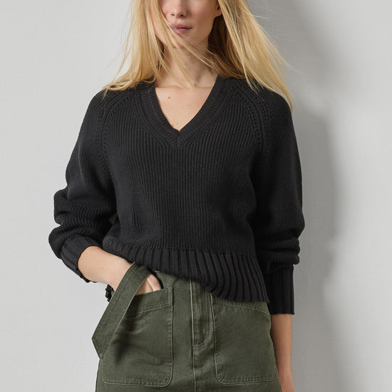 Textured V-Neck Saddle Sweater Womens Sweater Black A3