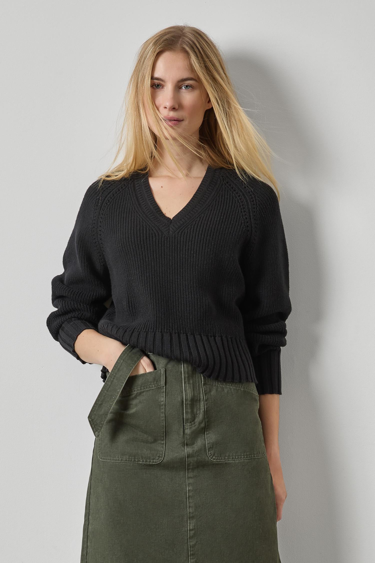 Textured V-Neck Saddle Sweater Womens Sweater Black A3