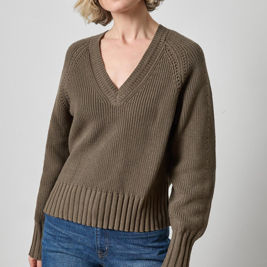 Textured V-Neck Saddle Sweater Womens Sweater Olive A1