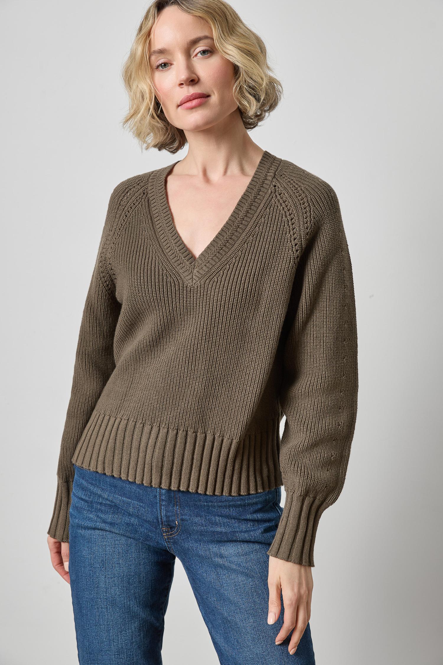 Textured V-Neck Saddle Sweater Womens Sweater Olive A1