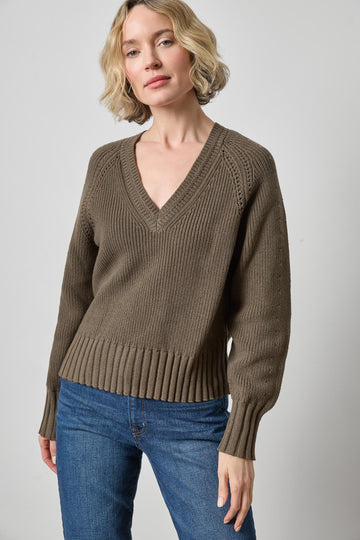 Textured V-Neck Saddle Sweater Womens Sweater Olive A1