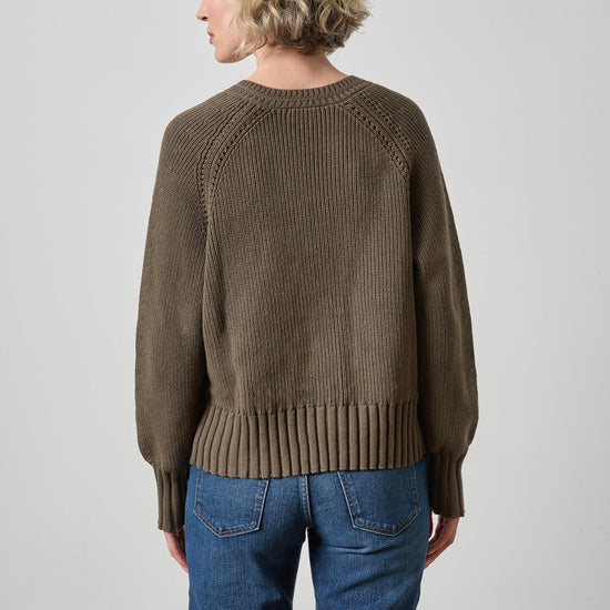 Textured V-Neck Saddle Sweater Womens Sweater Olive A2