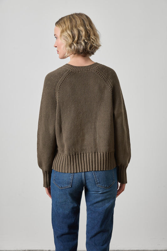 Textured V-Neck Saddle Sweater Womens Sweater Olive A2