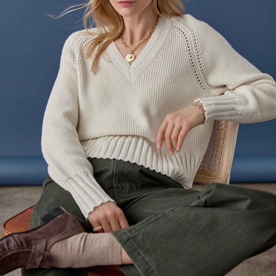 Textured V-Neck Saddle Sweater Womens Sweater Rope C1