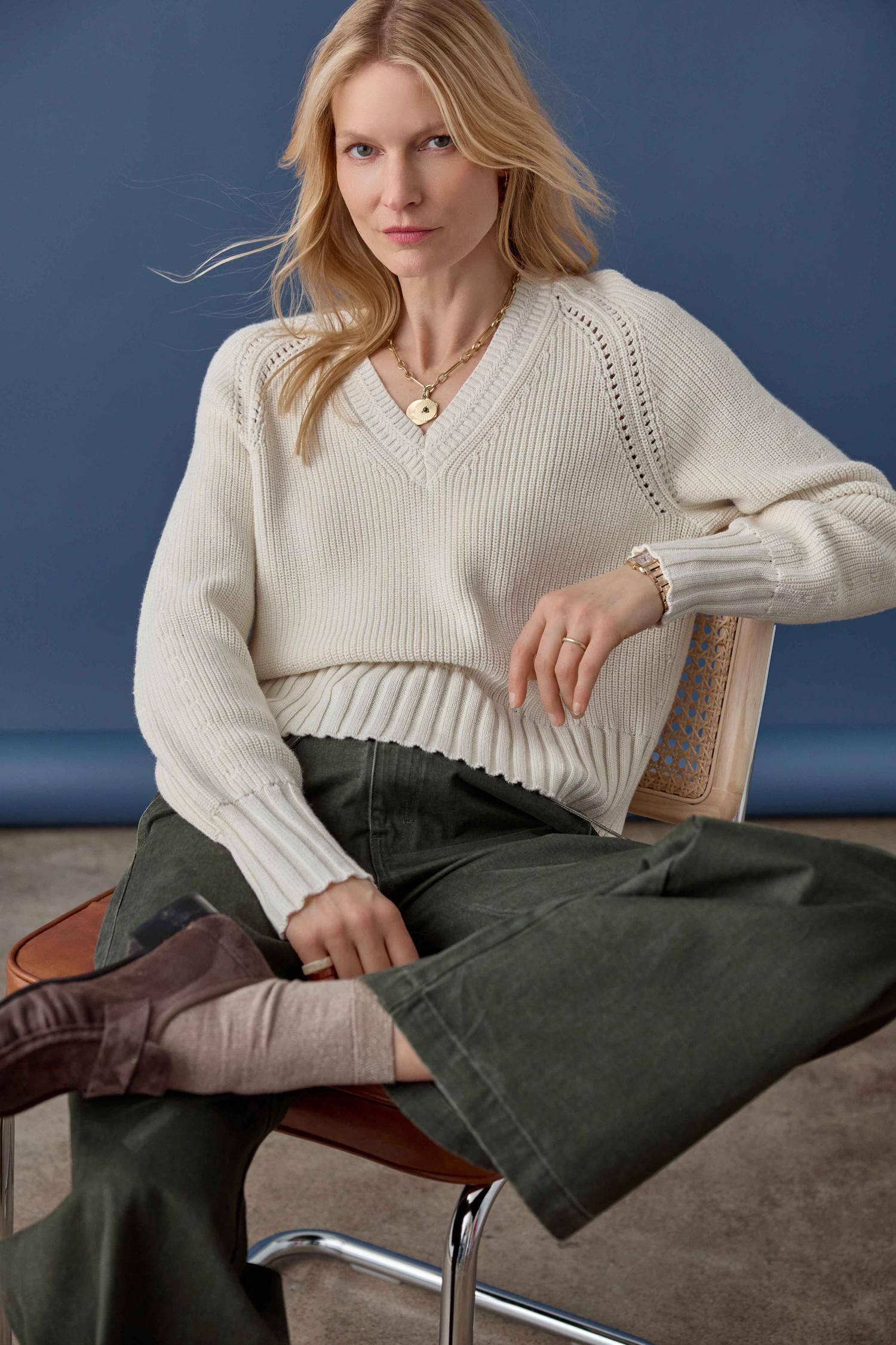 Textured V-Neck Saddle Sweater Womens Sweater Rope C1