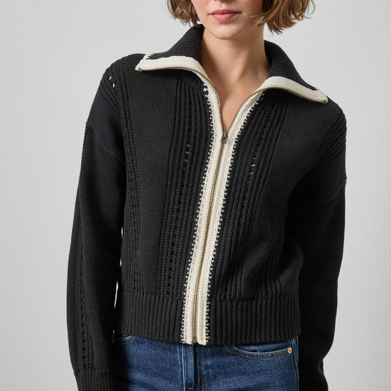 Contrast Collar Zip Cardigan Womens Sweater Black A1