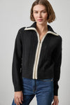 Contrast Collar Zip Cardigan Womens Sweater Black A1