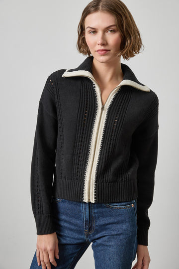 Contrast Collar Zip Cardigan Womens Sweater Black A1