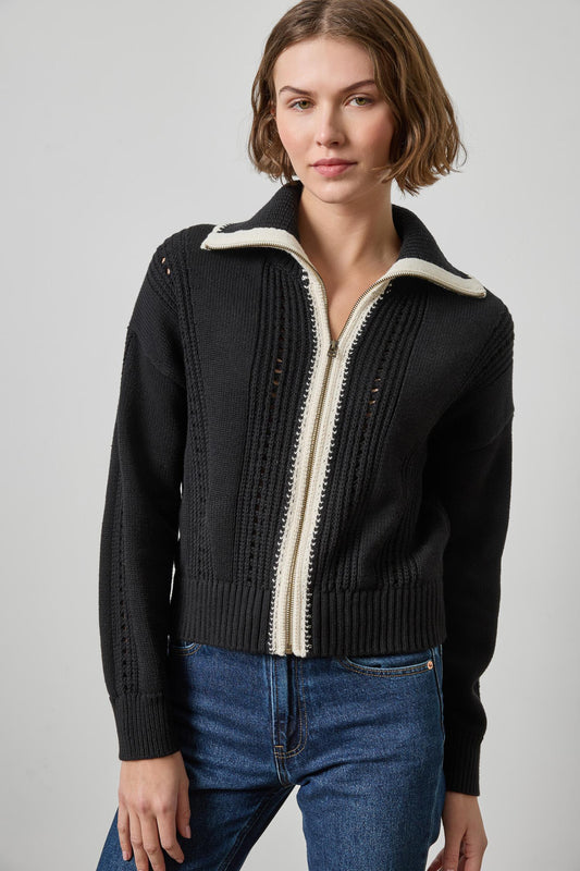 Contrast Collar Zip Cardigan Womens Sweater Black A1