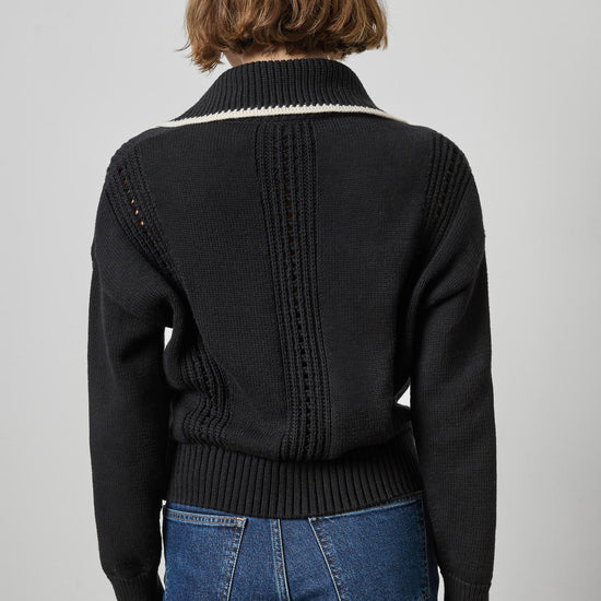 Contrast Collar Zip Cardigan Womens Sweater Black A2