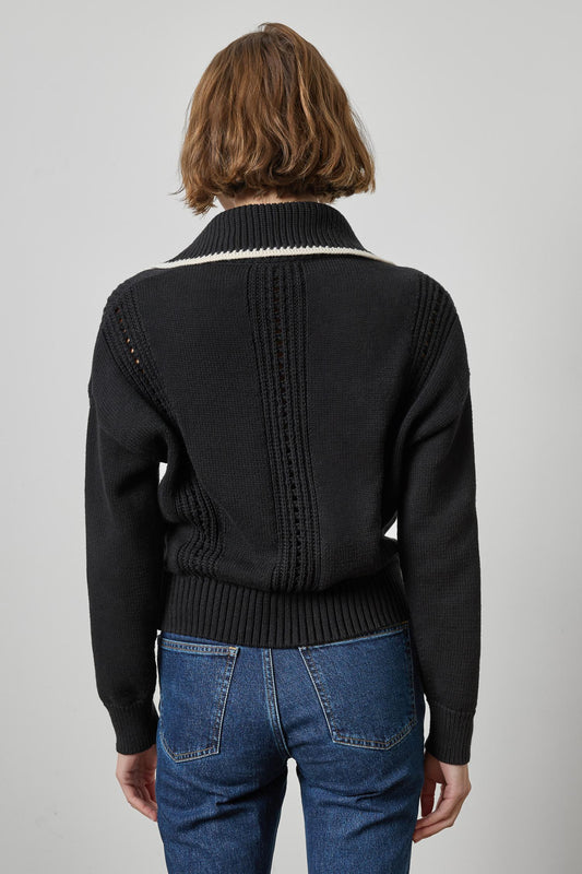 Contrast Collar Zip Cardigan Womens Sweater Black A2