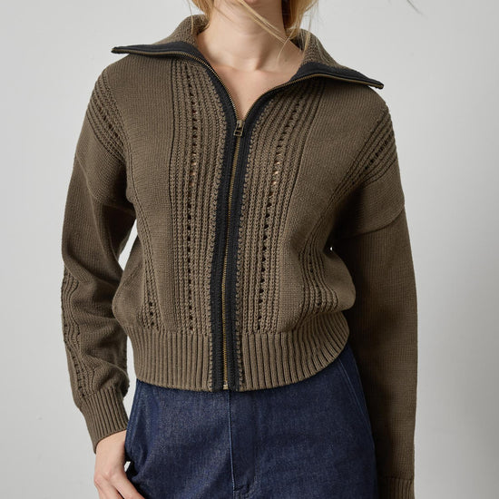 Contrast Collar Zip Cardigan Womens Sweater Olive A1