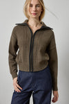 Contrast Collar Zip Cardigan Womens Sweater Olive A1