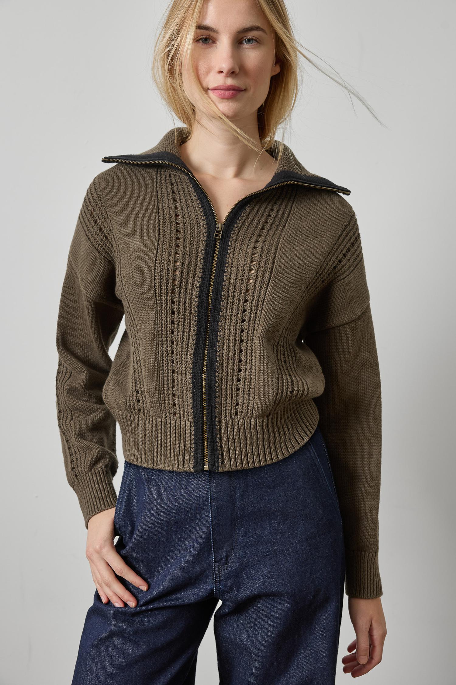 Contrast Collar Zip Cardigan Womens Sweater Olive A1