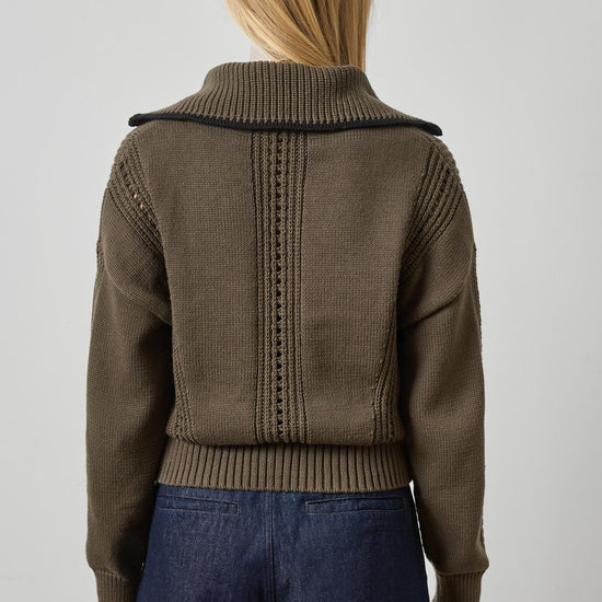 Contrast Collar Zip Cardigan Womens Sweater Olive A2