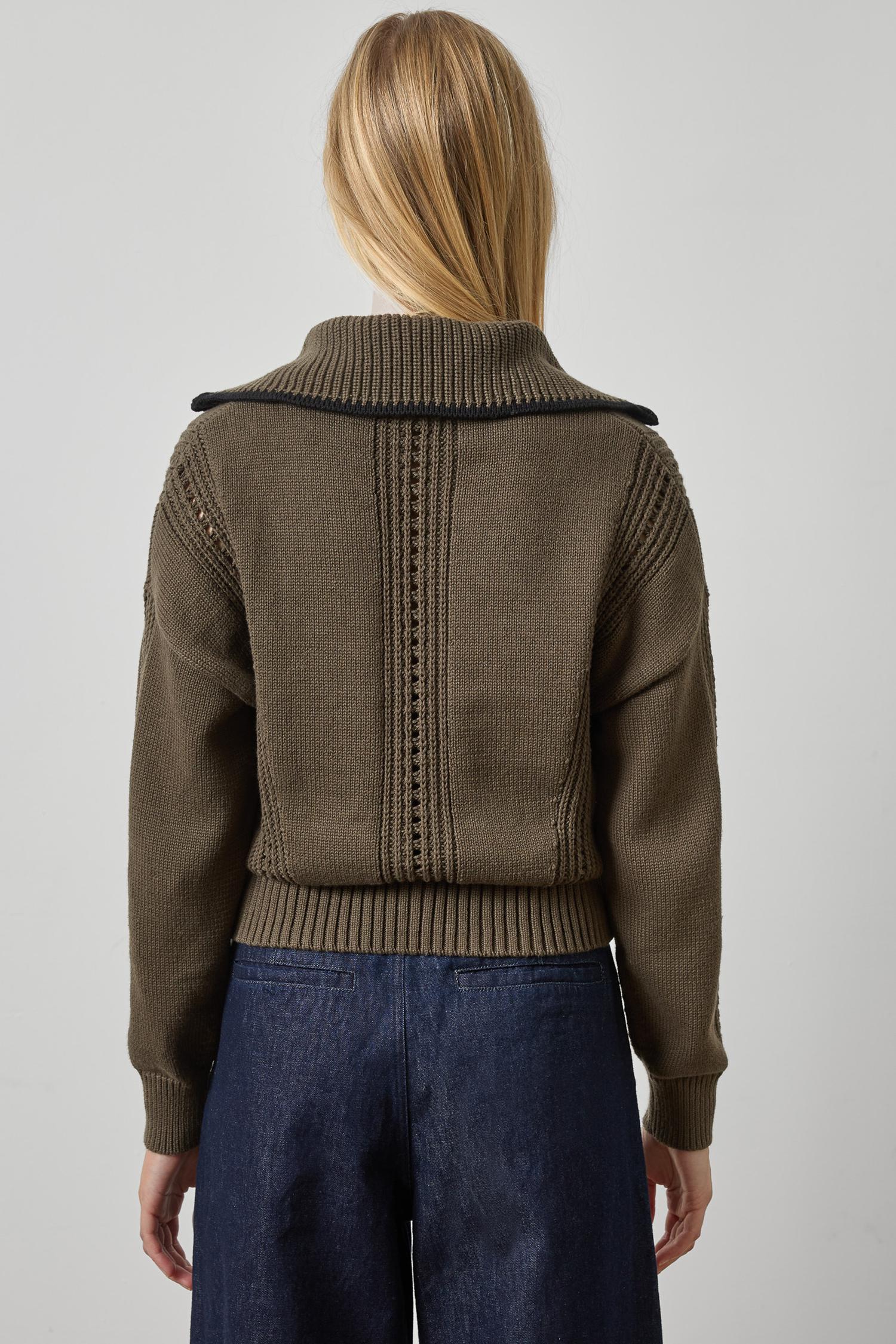 Contrast Collar Zip Cardigan Womens Sweater Olive A2