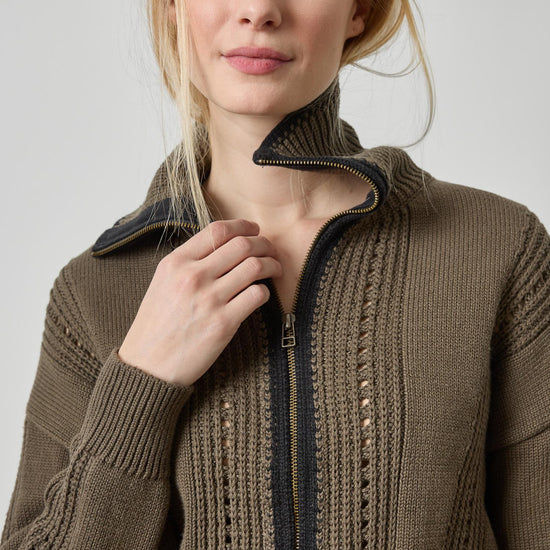 Contrast Collar Zip Cardigan Womens Sweater Olive A3