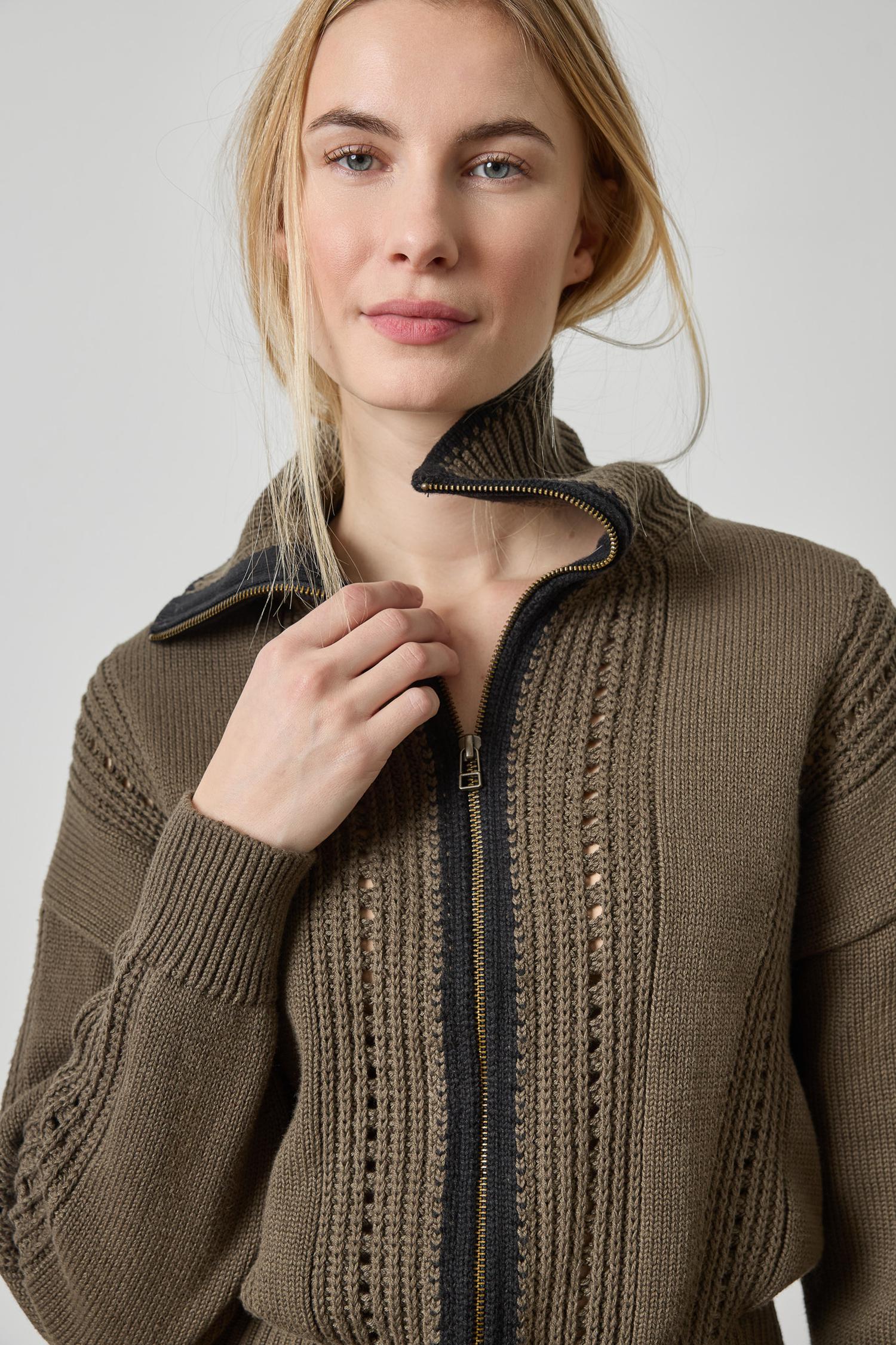 Contrast Collar Zip Cardigan Womens Sweater Olive A3
