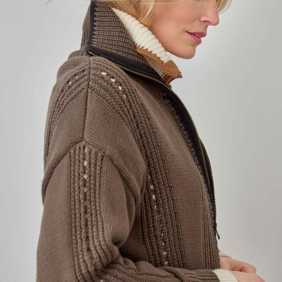 Contrast Collar Zip Cardigan Womens Sweater Olive C1