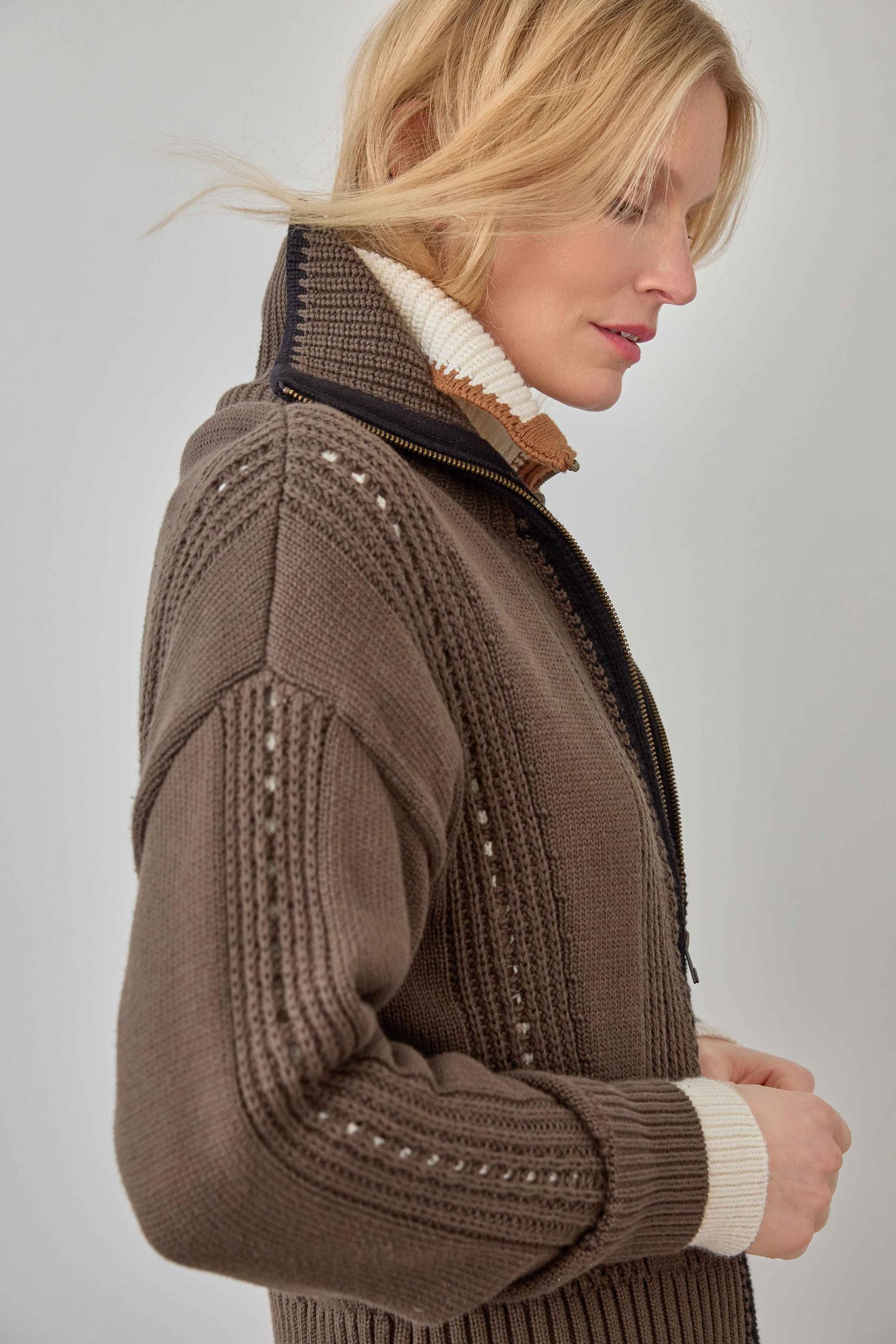 Contrast Collar Zip Cardigan Womens Sweater Olive C1