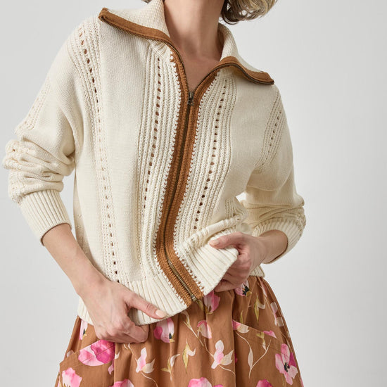 Contrast Collar Zip Cardigan Womens Sweater Rope A1