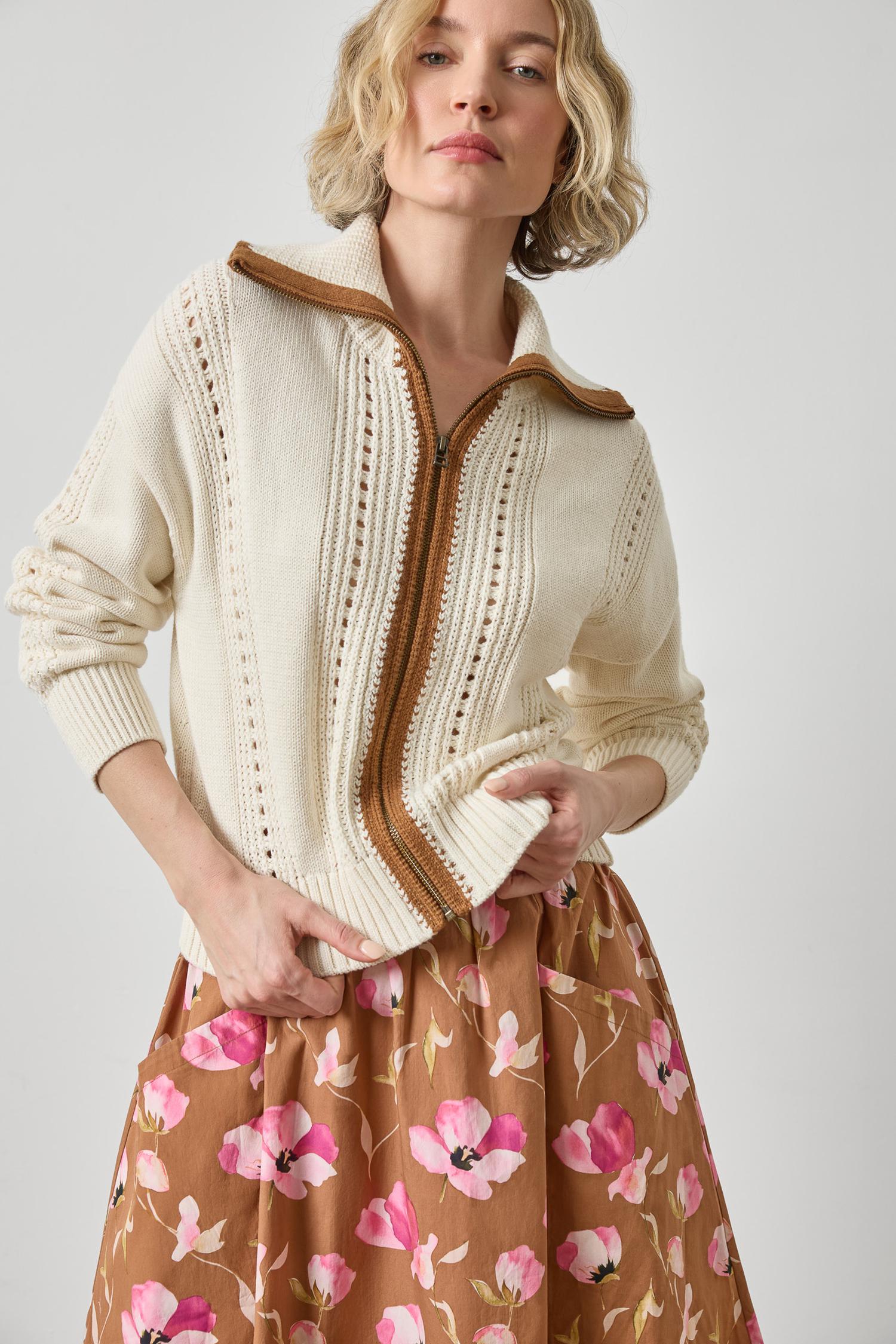 Contrast Collar Zip Cardigan Womens Sweater Rope A1