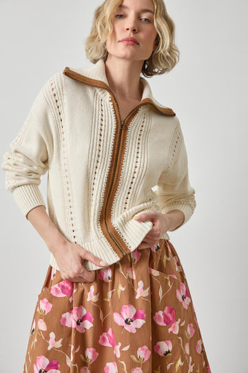 Contrast Collar Zip Cardigan Womens Sweater Rope A1
