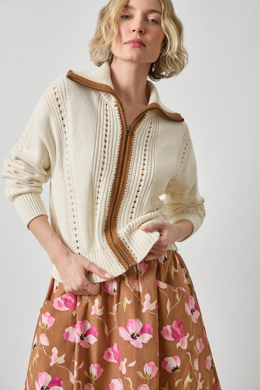 Contrast Collar Zip Cardigan Womens Sweater Rope A1