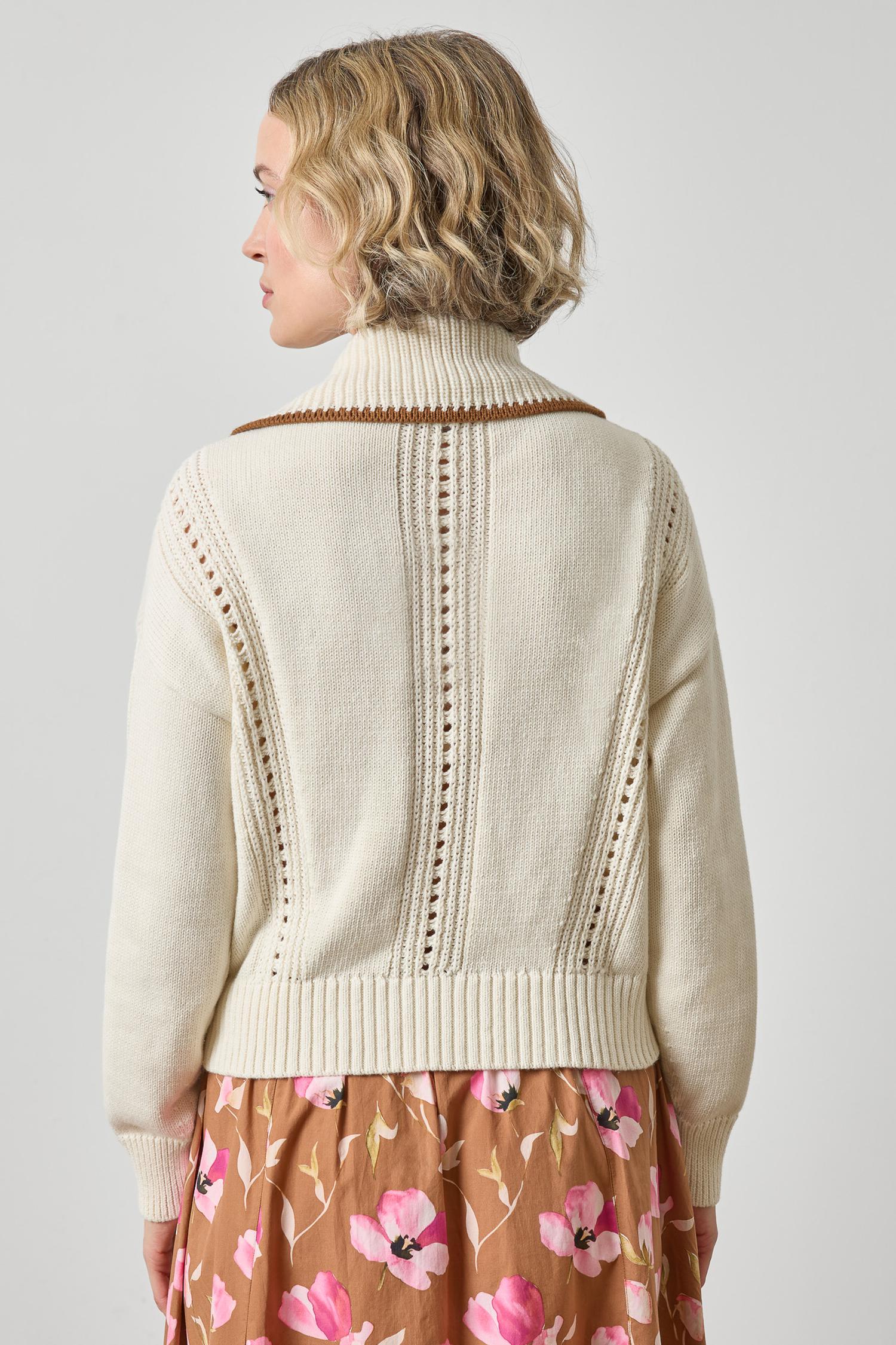 Contrast Collar Zip Cardigan Womens Sweater Rope A2