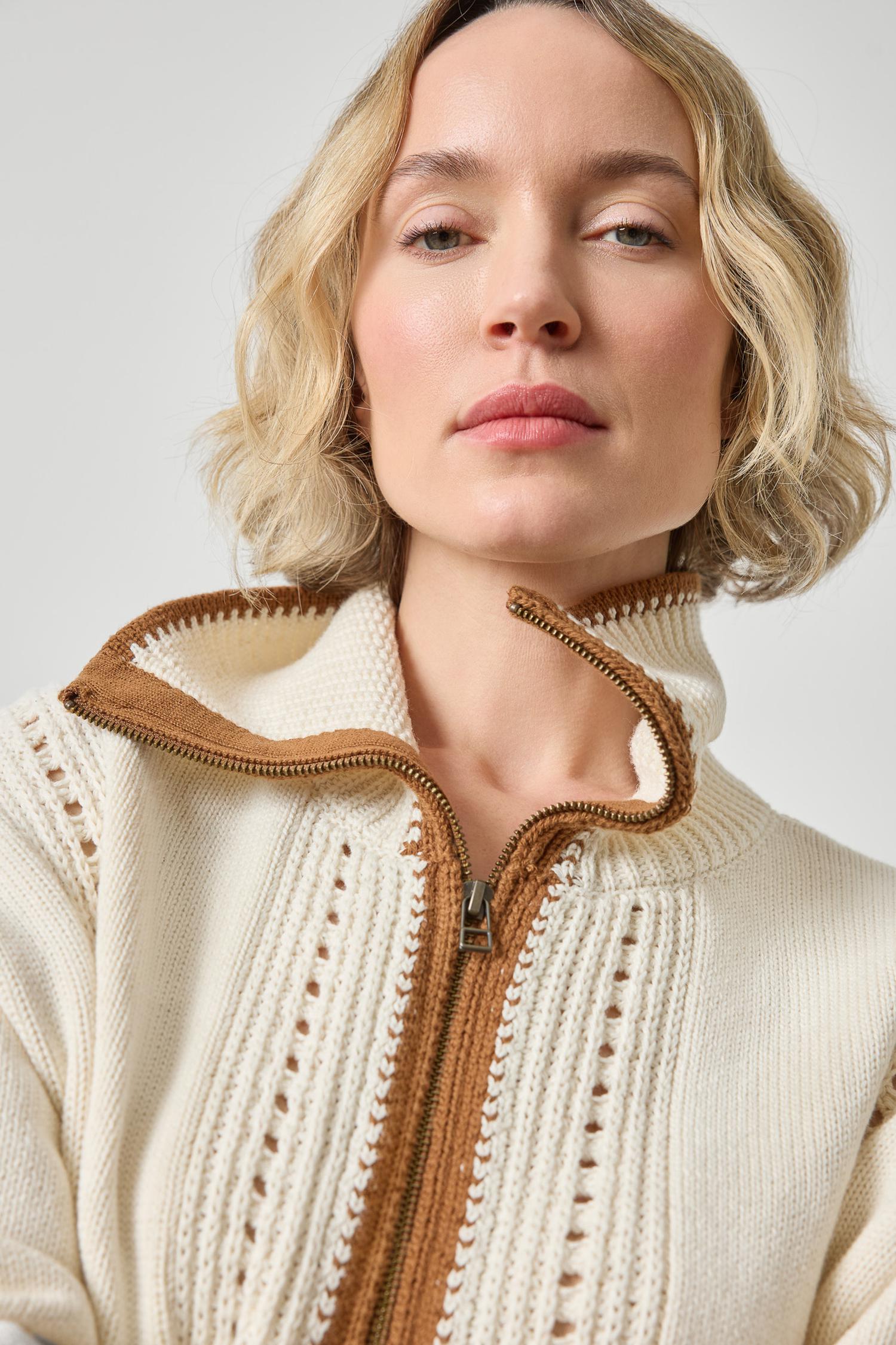 Contrast Collar Zip Cardigan Womens Sweater Rope A3