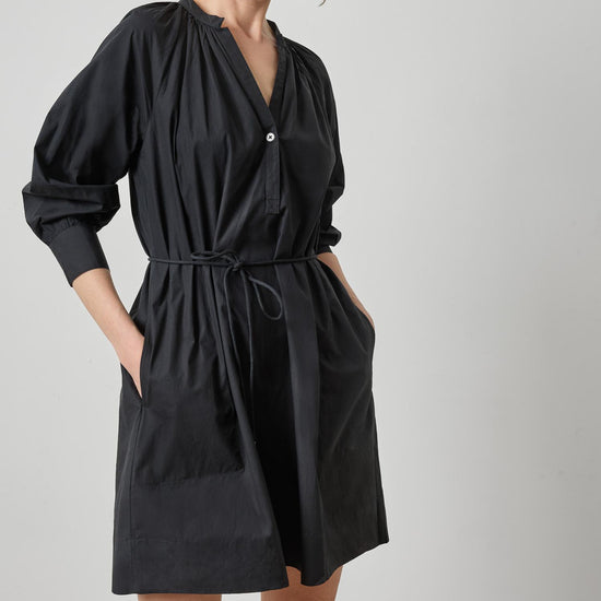 Shirred Neck Placket Dress Womens Dress Black A1