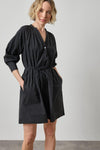 Shirred Neck Placket Dress Womens Dress Black A1