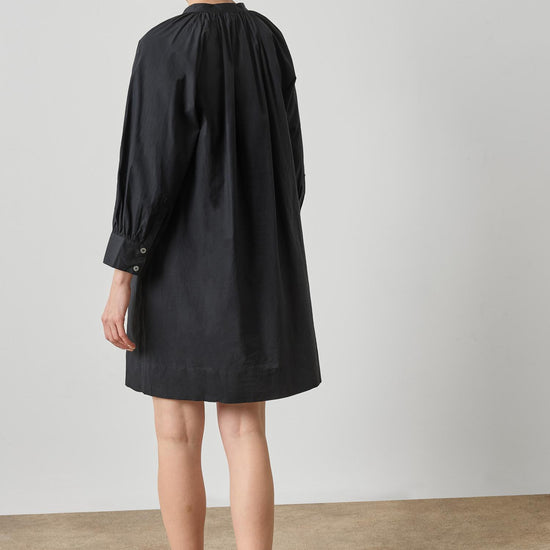 Shirred Neck Placket Dress Womens Dress Black A2