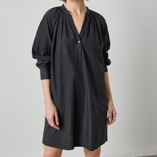 Shirred Neck Placket Dress Womens Dress Black A3