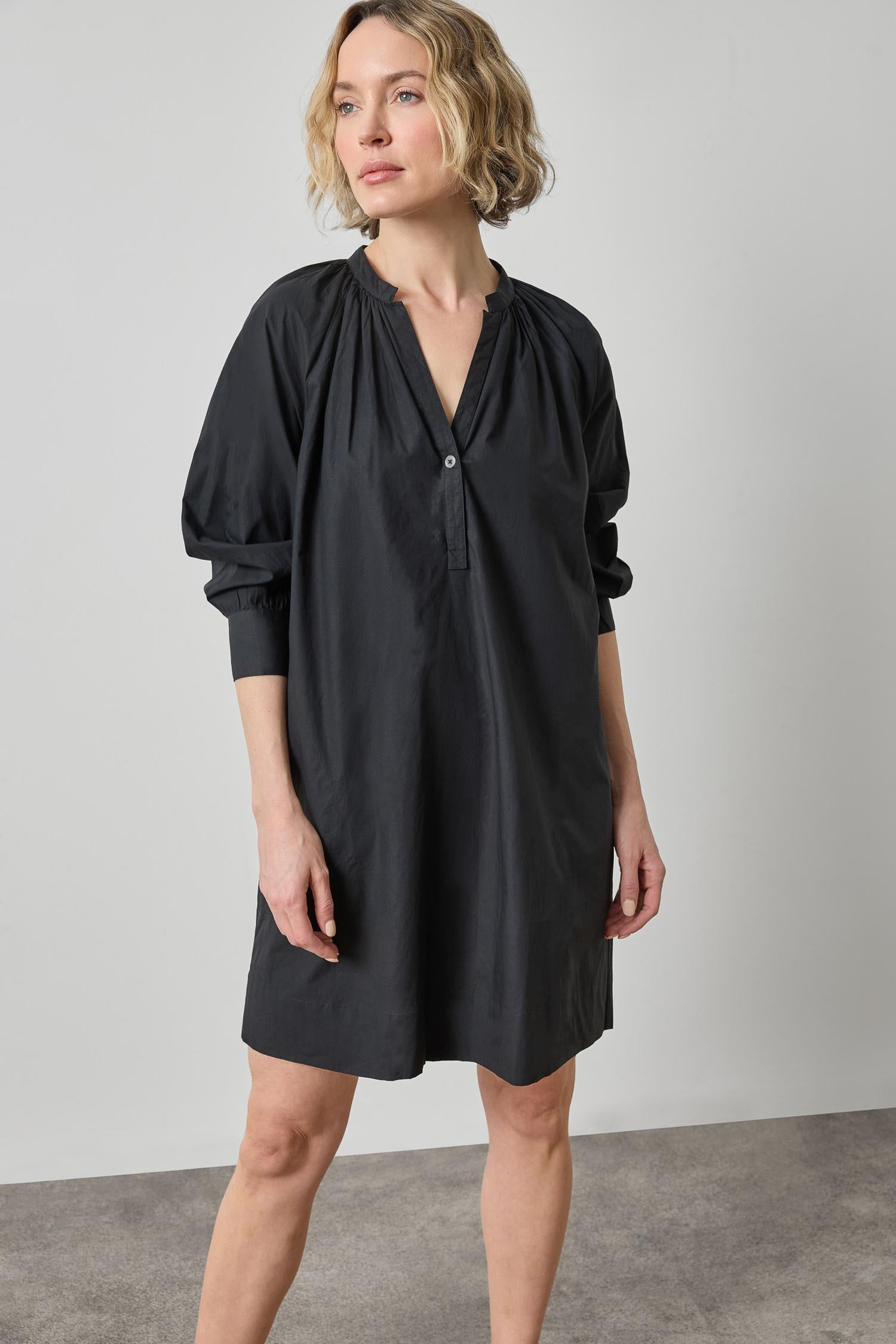 Shirred Neck Placket Dress Womens Dress Black A3