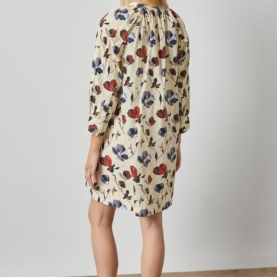 Shirred Neck Placket Dress Womens Dress Blue Poppy Print A2