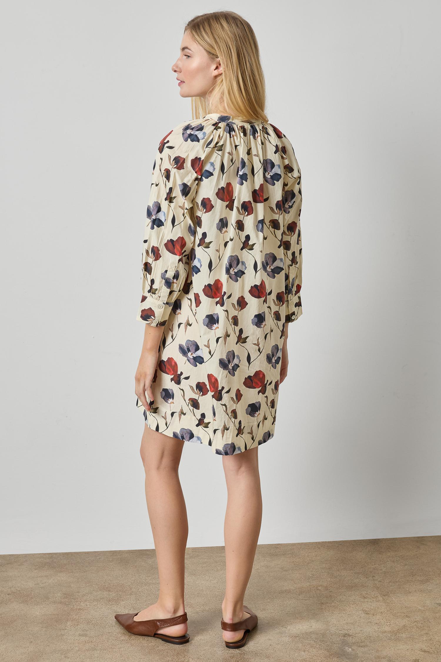 Shirred Neck Placket Dress Womens Dress Blue Poppy Print A2