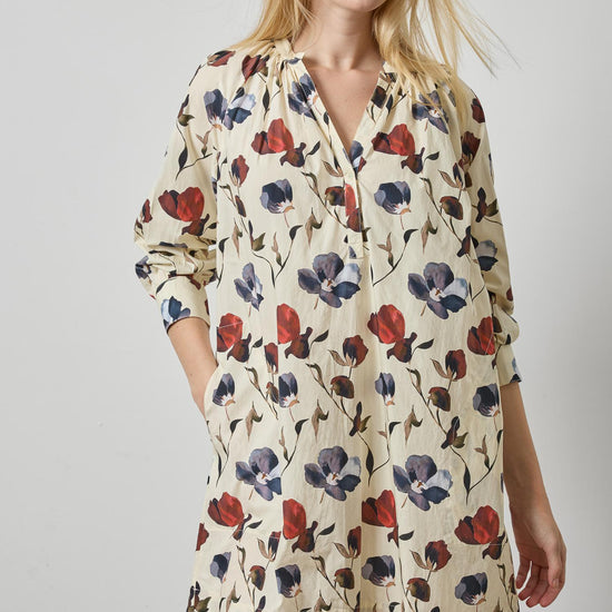 Shirred Neck Placket Dress Womens Dress Blue Poppy Print A3